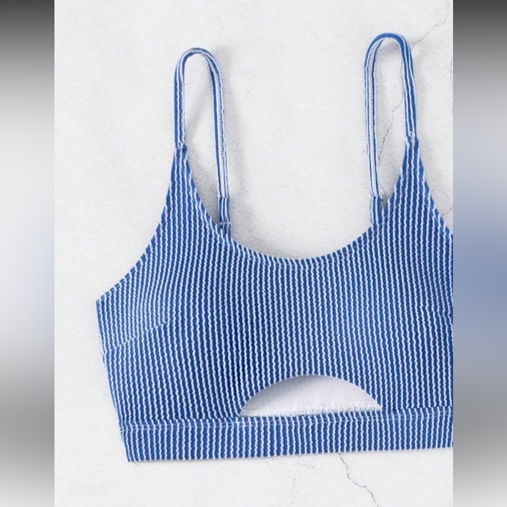 NWT SHEIN Ribbed Blue & White Cutout High-Waist Bikini Set - Size Medium - Picture 6 of 8